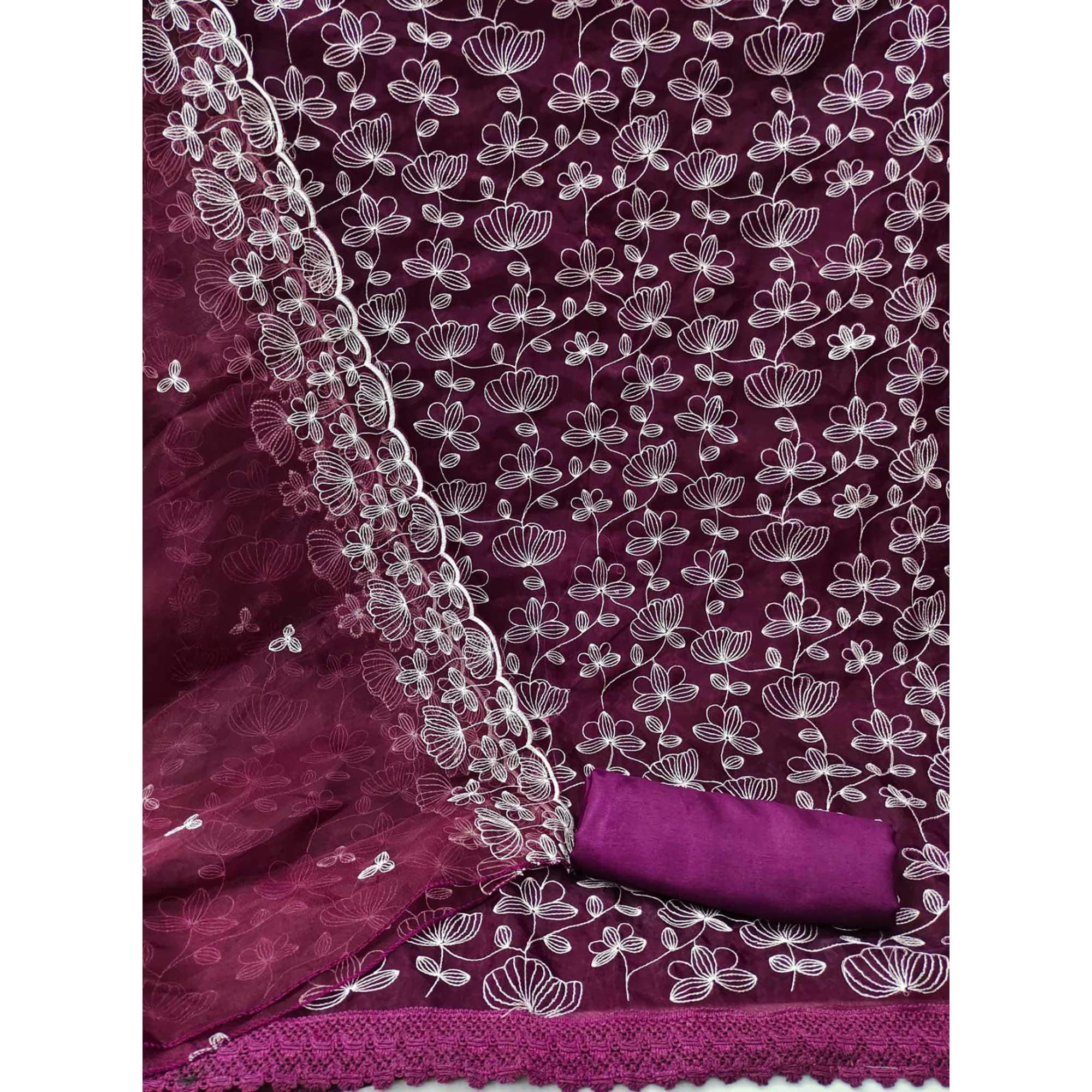 Wine Floral Embroidered Organza Dress Material - Peachmode