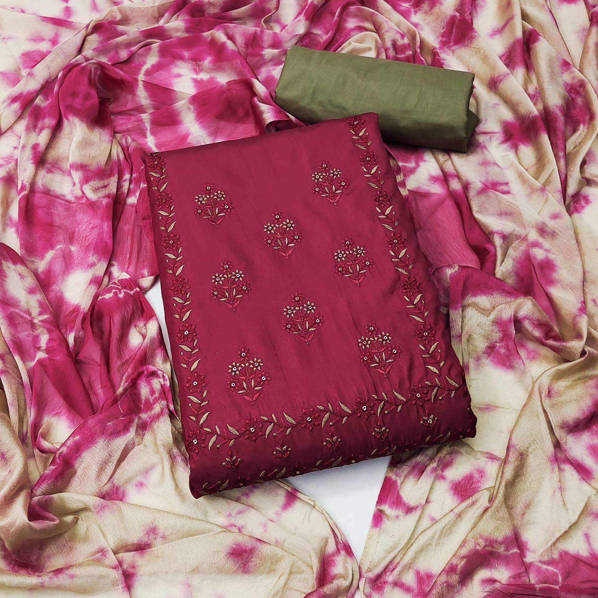 Wine Floral Embroidered Pure Silk Dress Material - Peachmode