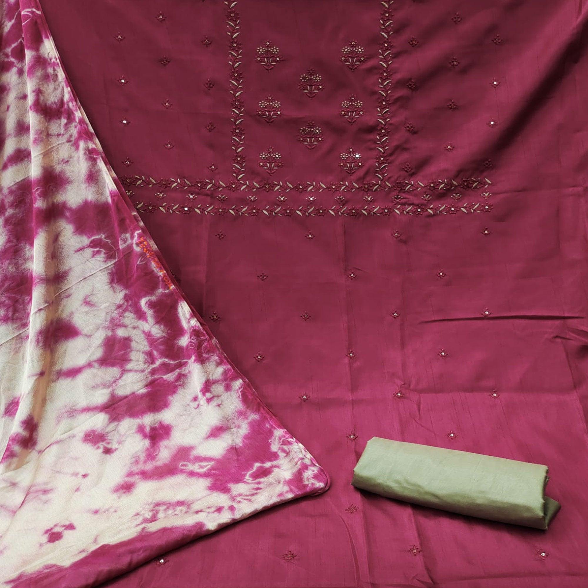 Wine Floral Embroidered Pure Silk Dress Material - Peachmode