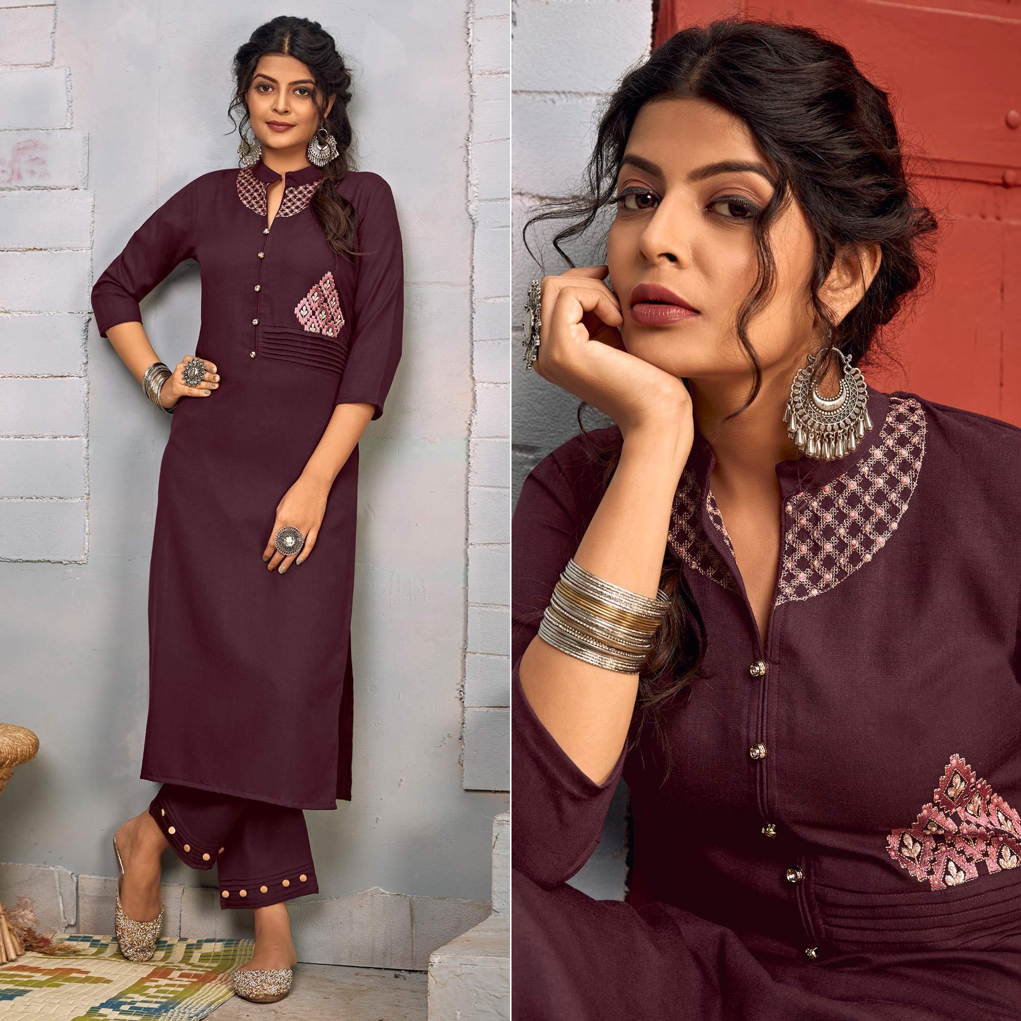 Wine Floral Embroidered Rayon Kurti Pant Set - Peachmode
