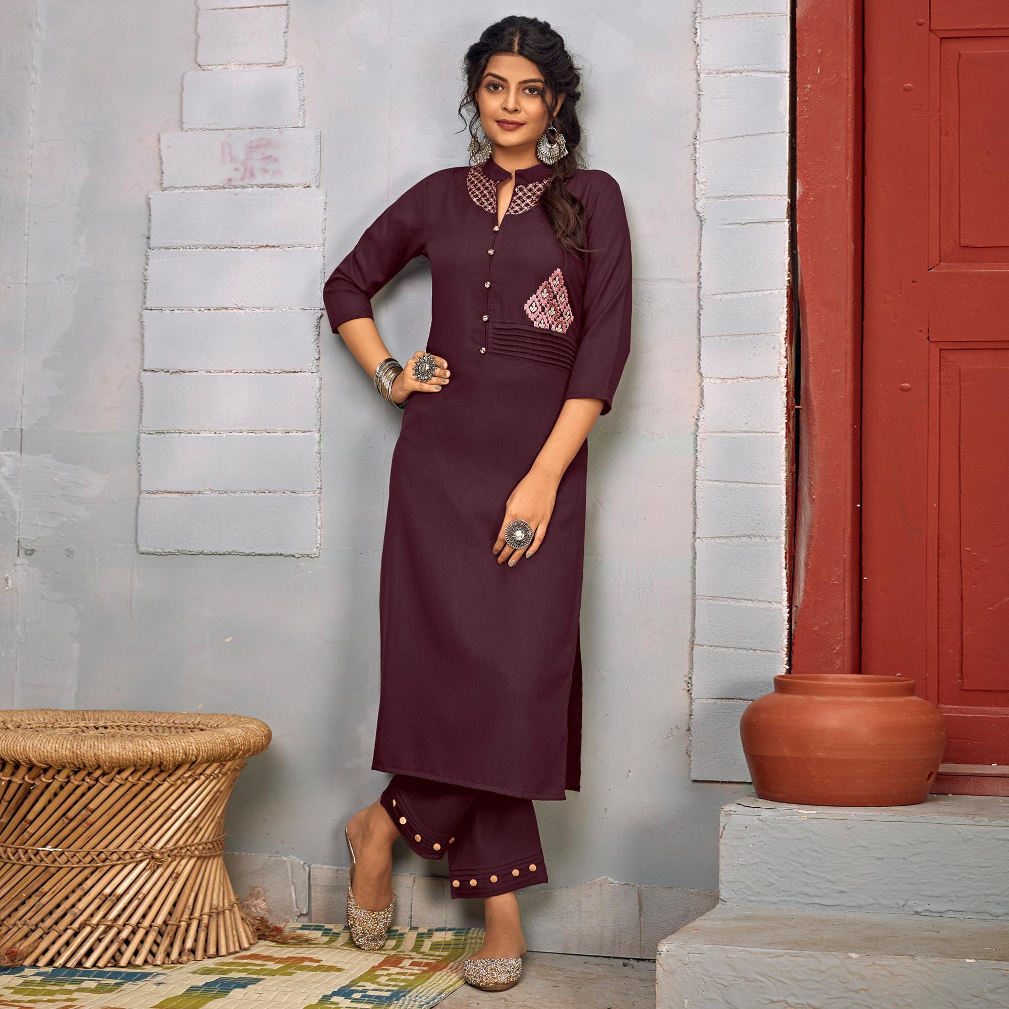 Wine Floral Embroidered Rayon Kurti Pant Set - Peachmode