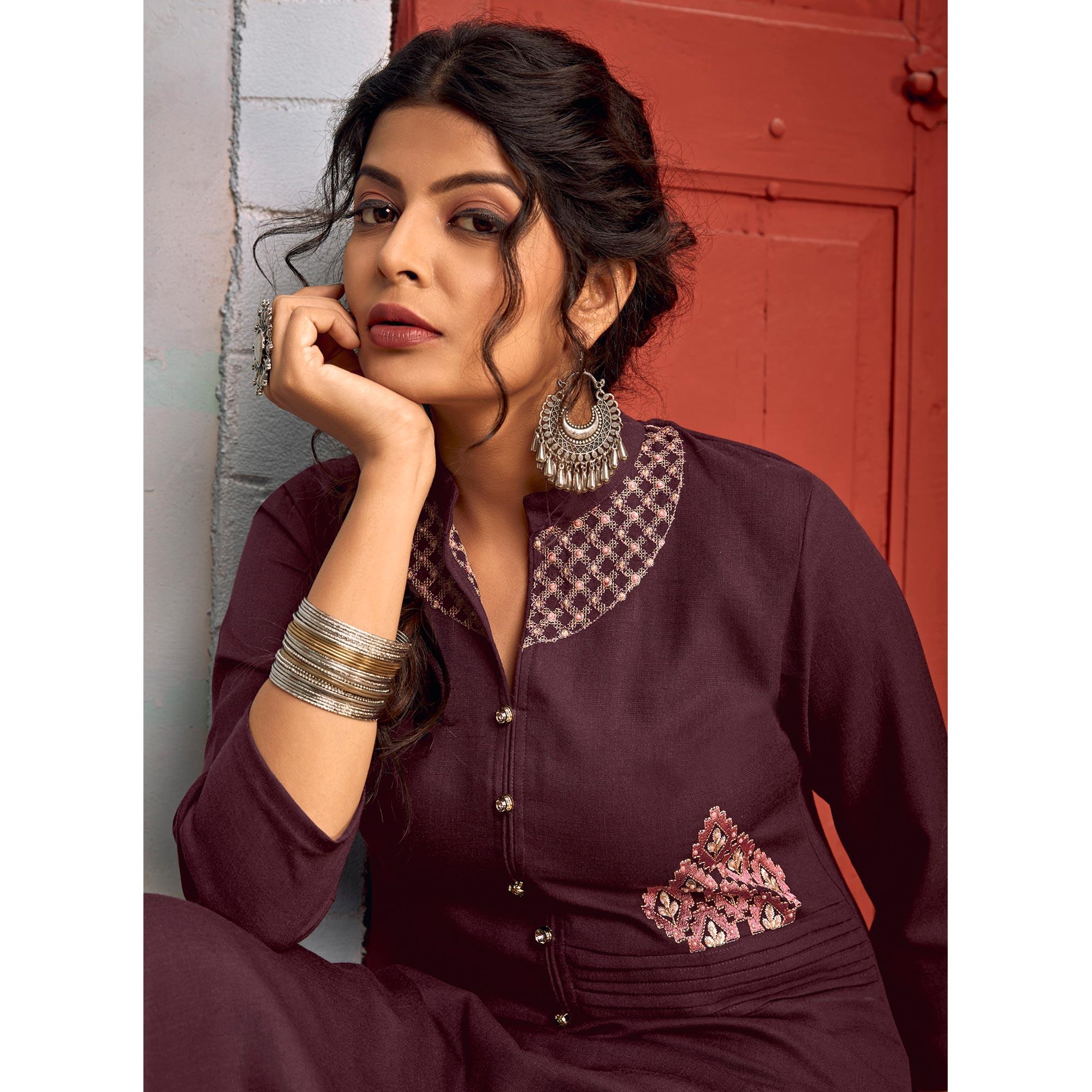 Wine Floral Embroidered Rayon Kurti Pant Set - Peachmode