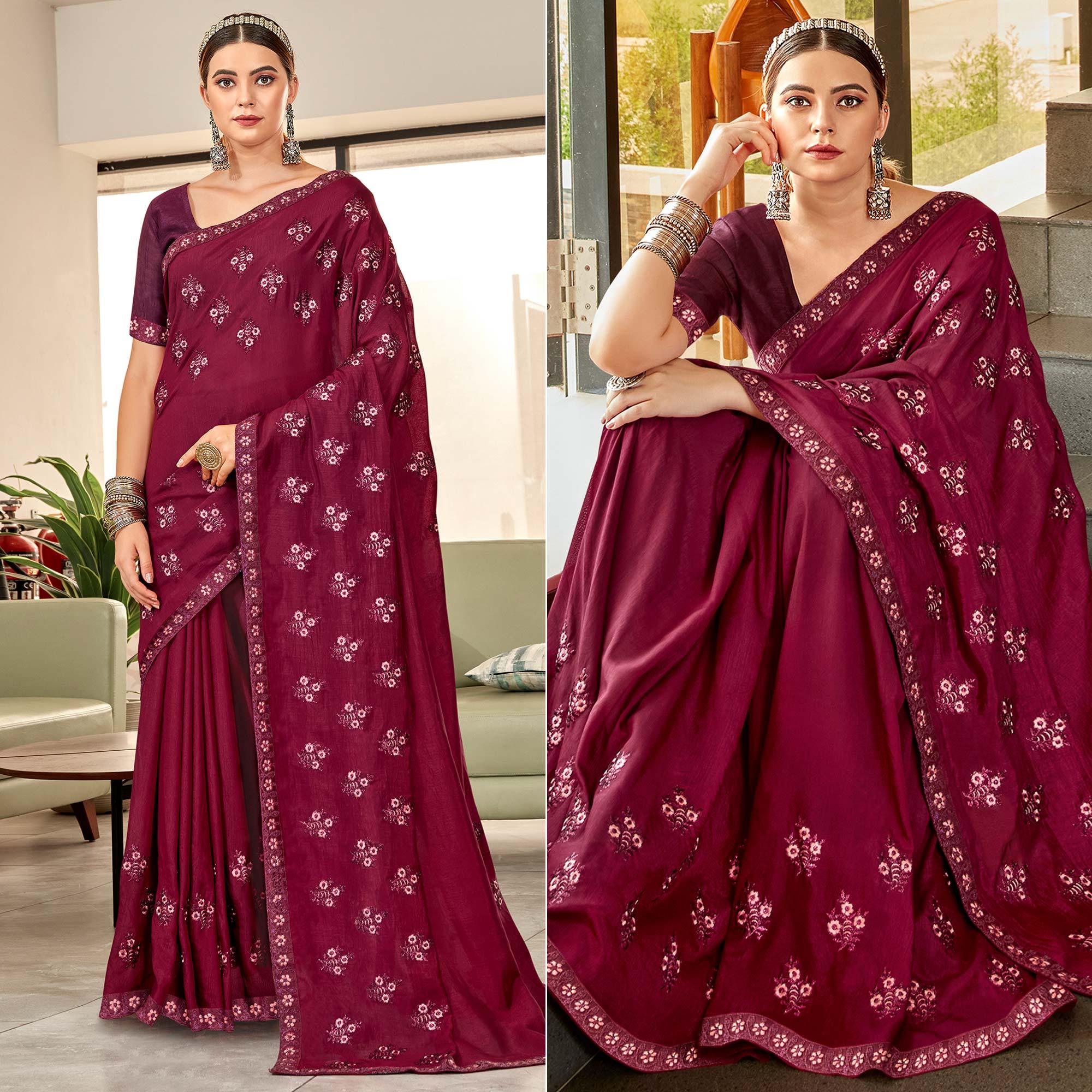 Wine Floral Embroidered Vichitra Silk Saree - Peachmode