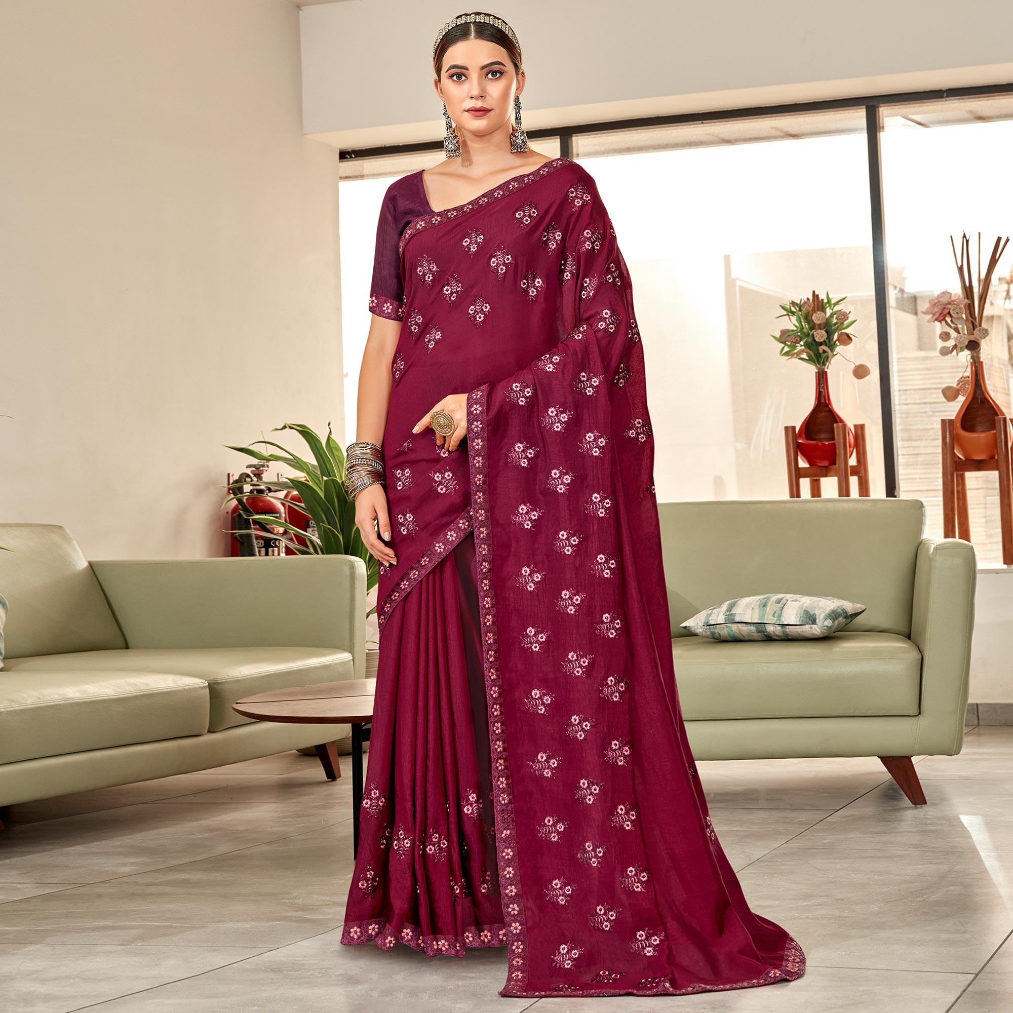 Wine Floral Embroidered Vichitra Silk Saree - Peachmode