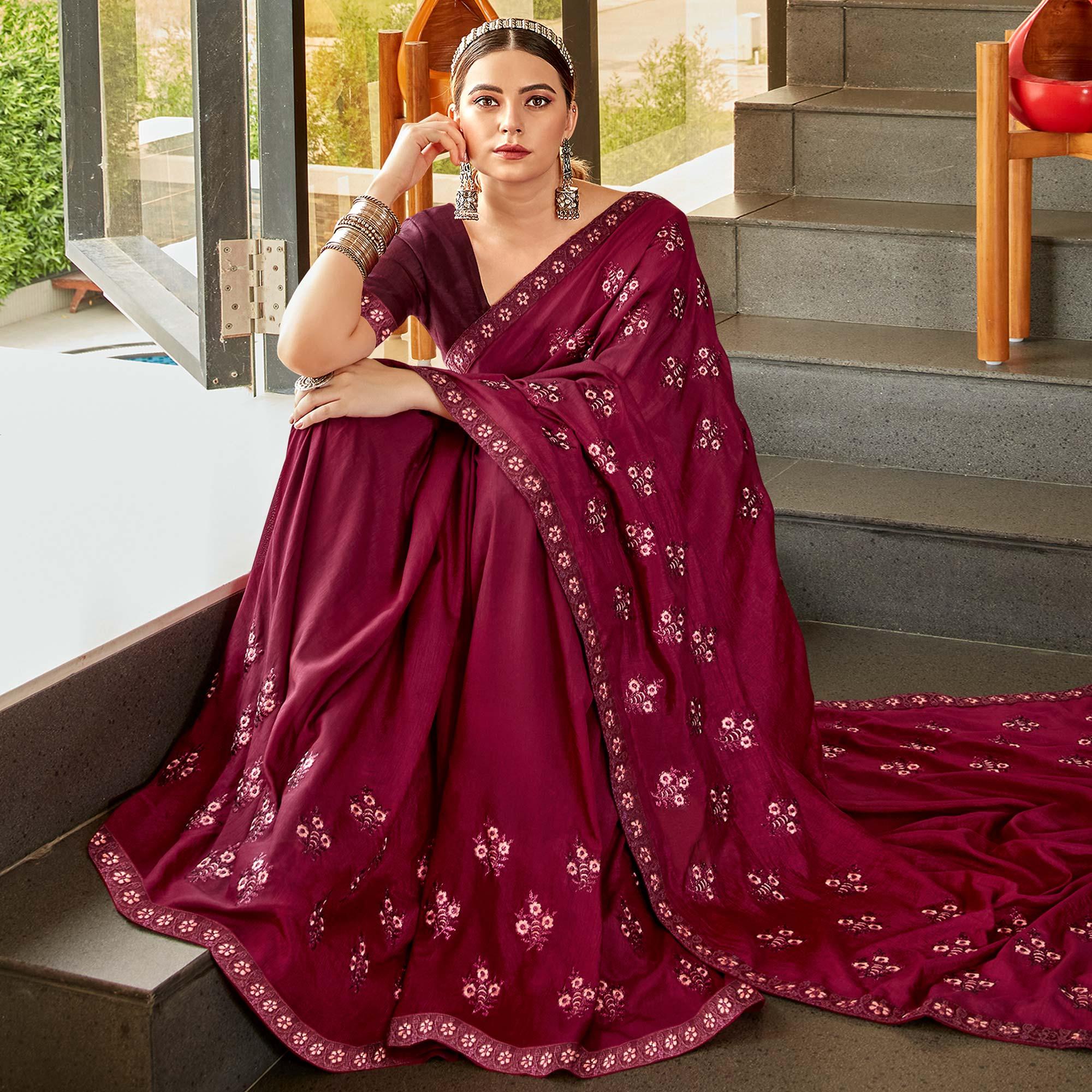 Wine Floral Embroidered Vichitra Silk Saree - Peachmode