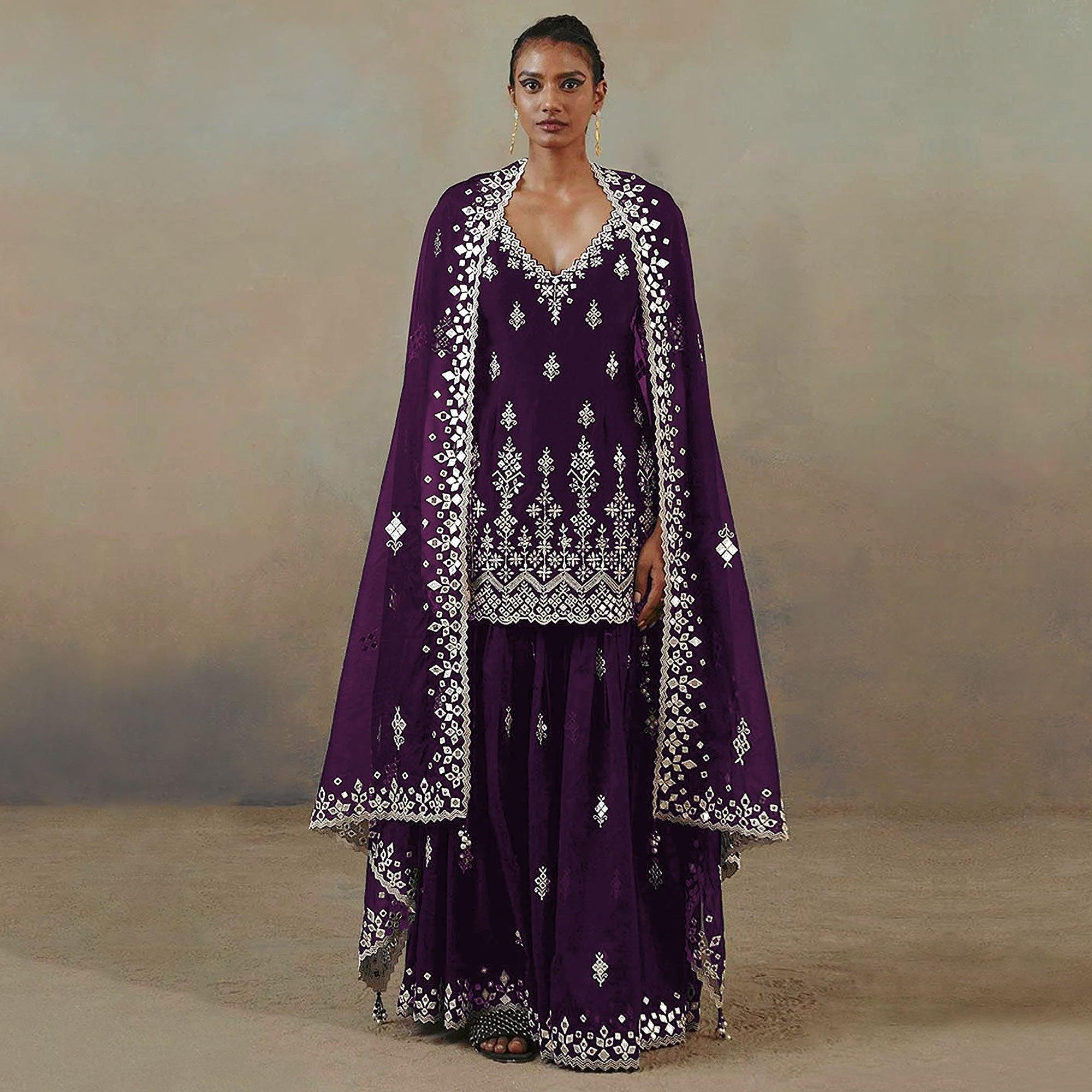 Wine Floral Embroidered With Mirror Work Georgette Sharara Suit - Peachmode