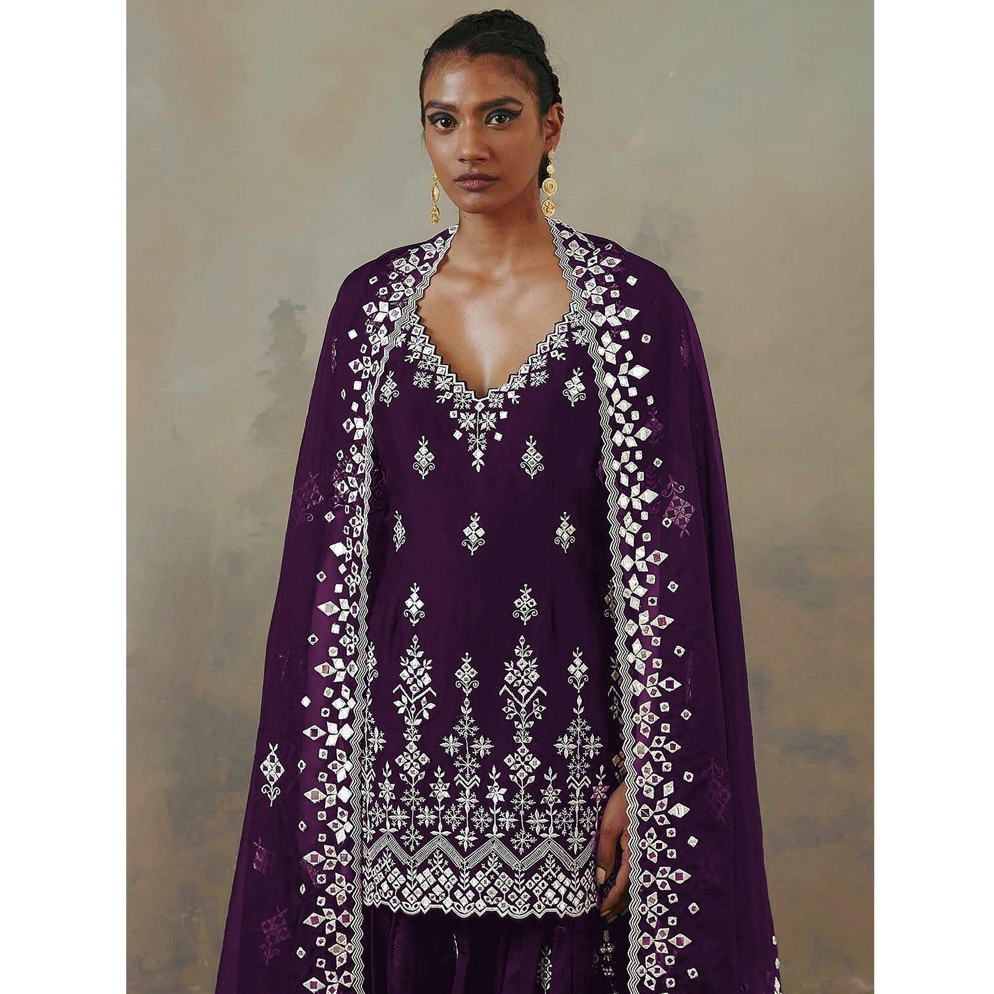 Wine Floral Embroidered With Mirror Work Georgette Sharara Suit - Peachmode