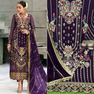 Wine Floral Embroidered With Sequence Georgette Pakistani Suit - Peachmode