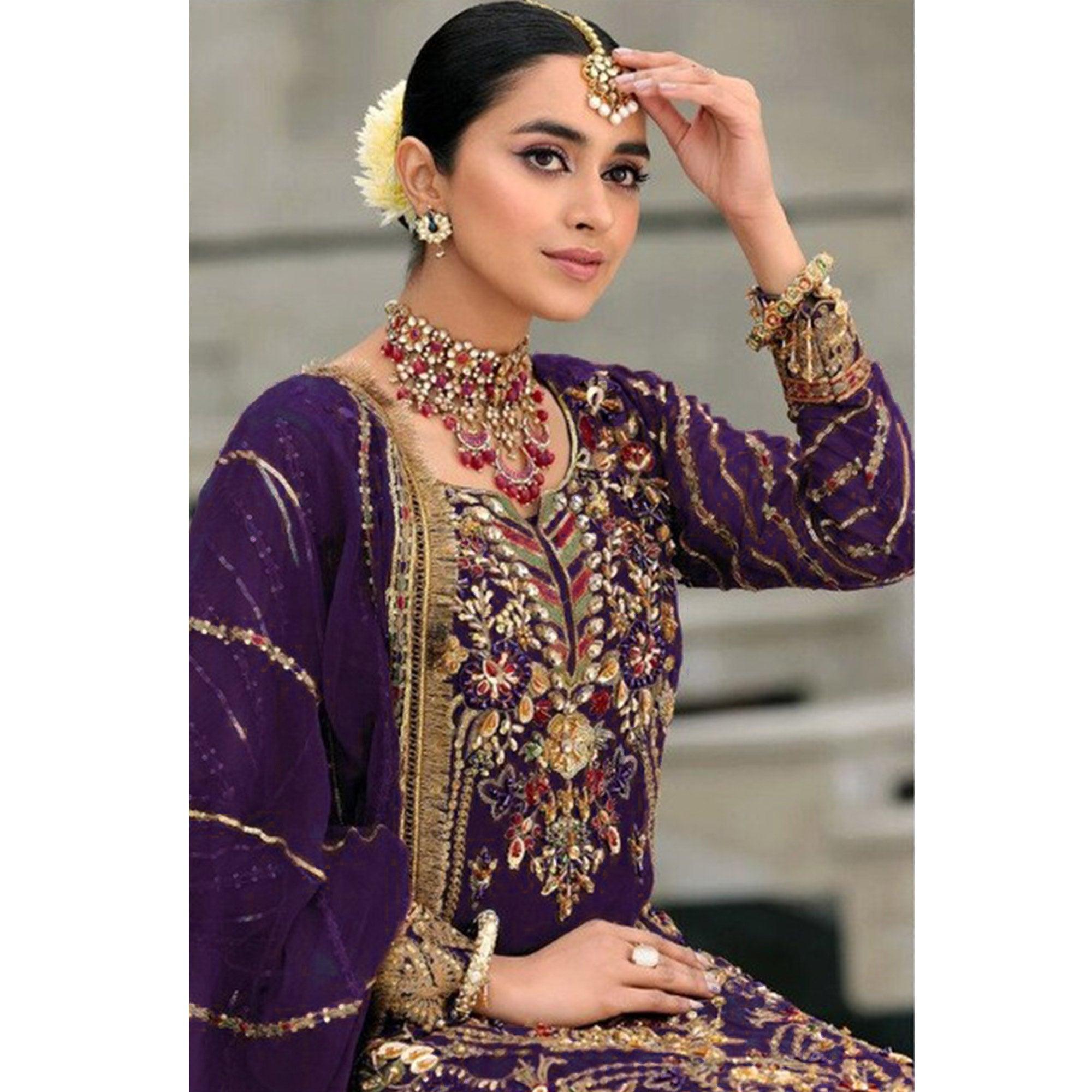 Wine Floral Embroidered With Sequence Georgette Pakistani Suit - Peachmode