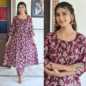 Wine Floral Foil Printed Modal Kurti Pant Set - Peachmode