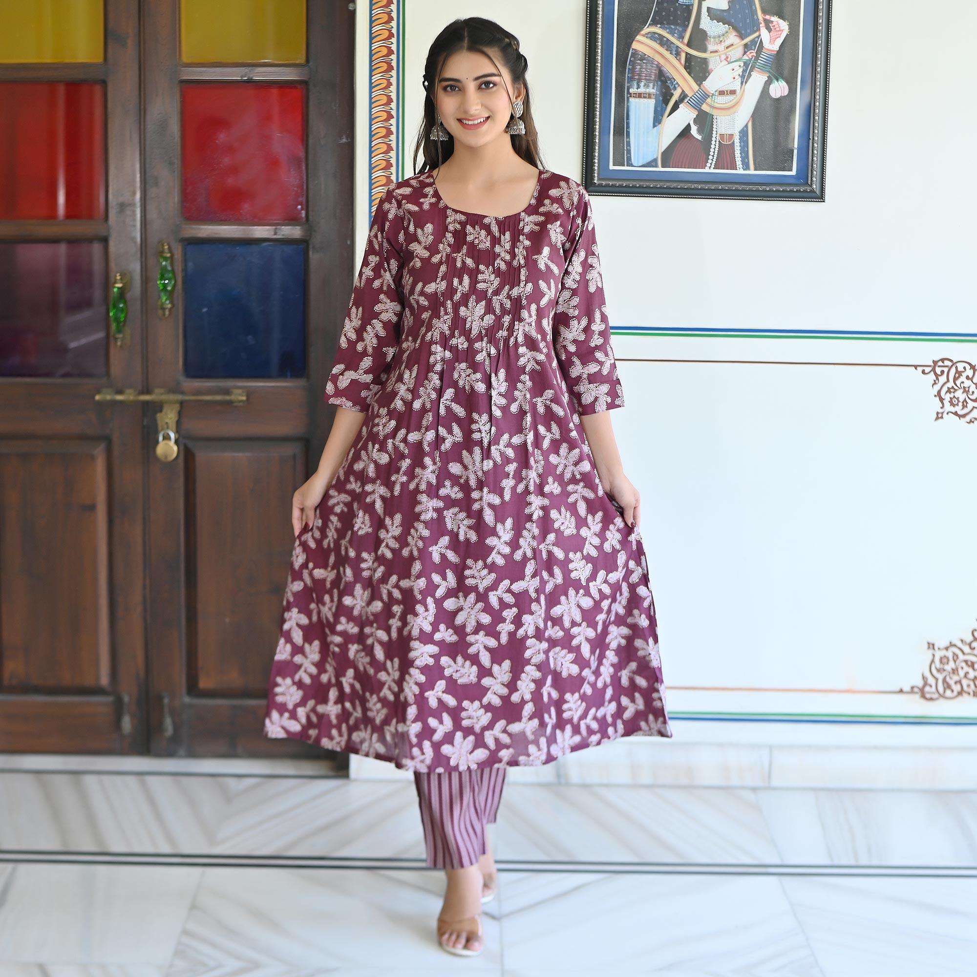 Wine Floral Foil Printed Modal Kurti Pant Set - Peachmode
