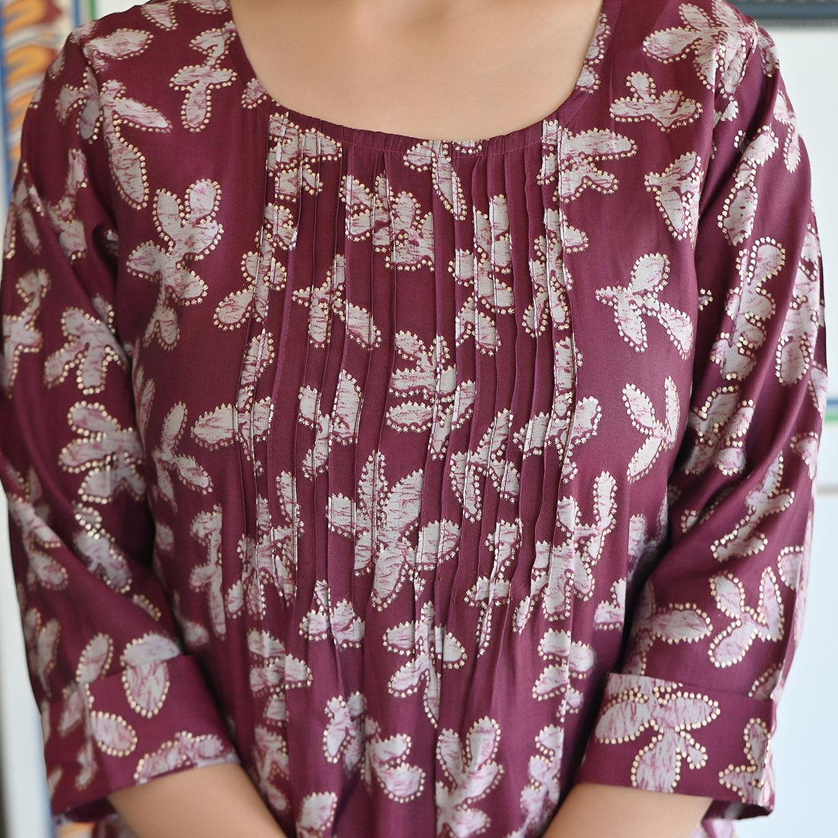 Wine Floral Foil Printed Modal Kurti Pant Set - Peachmode
