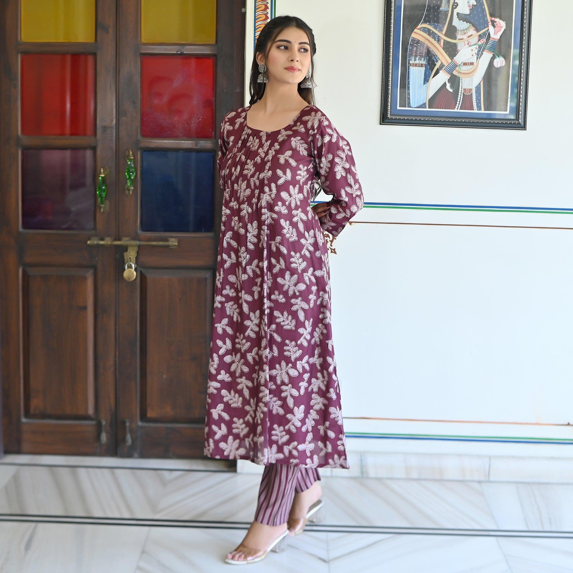 Wine Floral Foil Printed Modal Kurti Pant Set - Peachmode