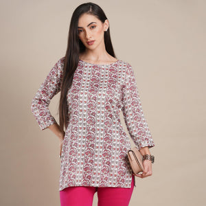 Wine Floral Foil Printed Rayon Top - Peachmode