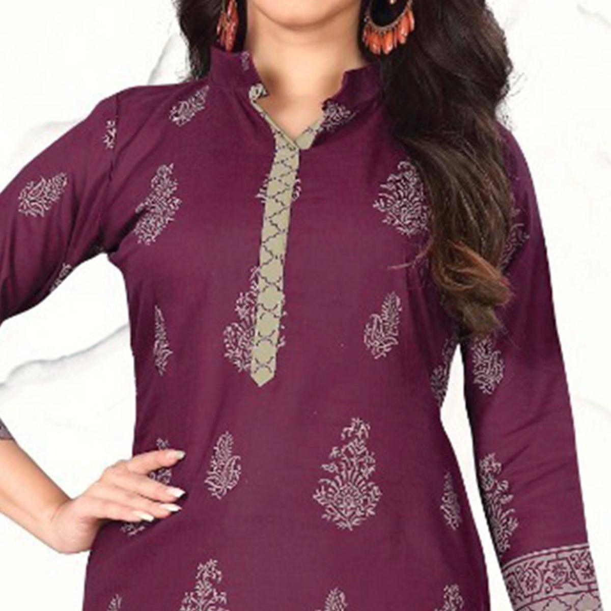 Wine Floral Printed Cotton Blend Dress Material - Peachmode