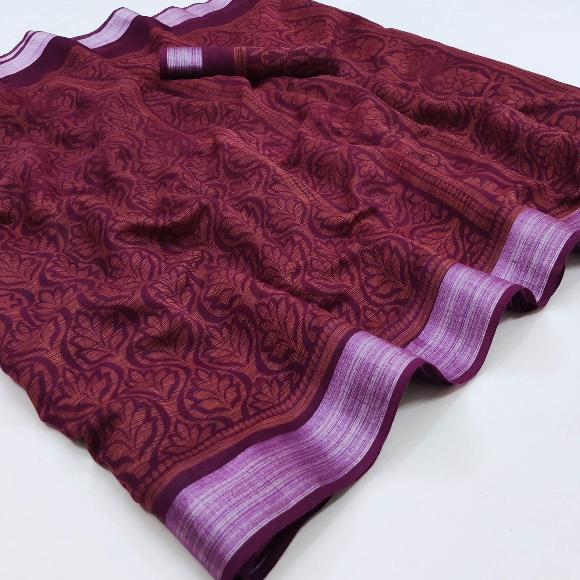 Wine Floral Printed Linen Saree - Peachmode