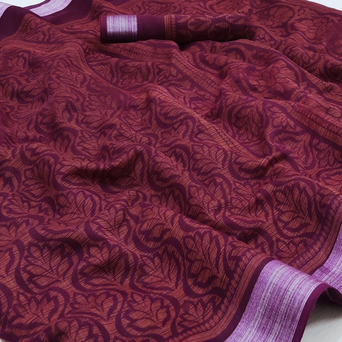 Wine Floral Printed Linen Saree - Peachmode