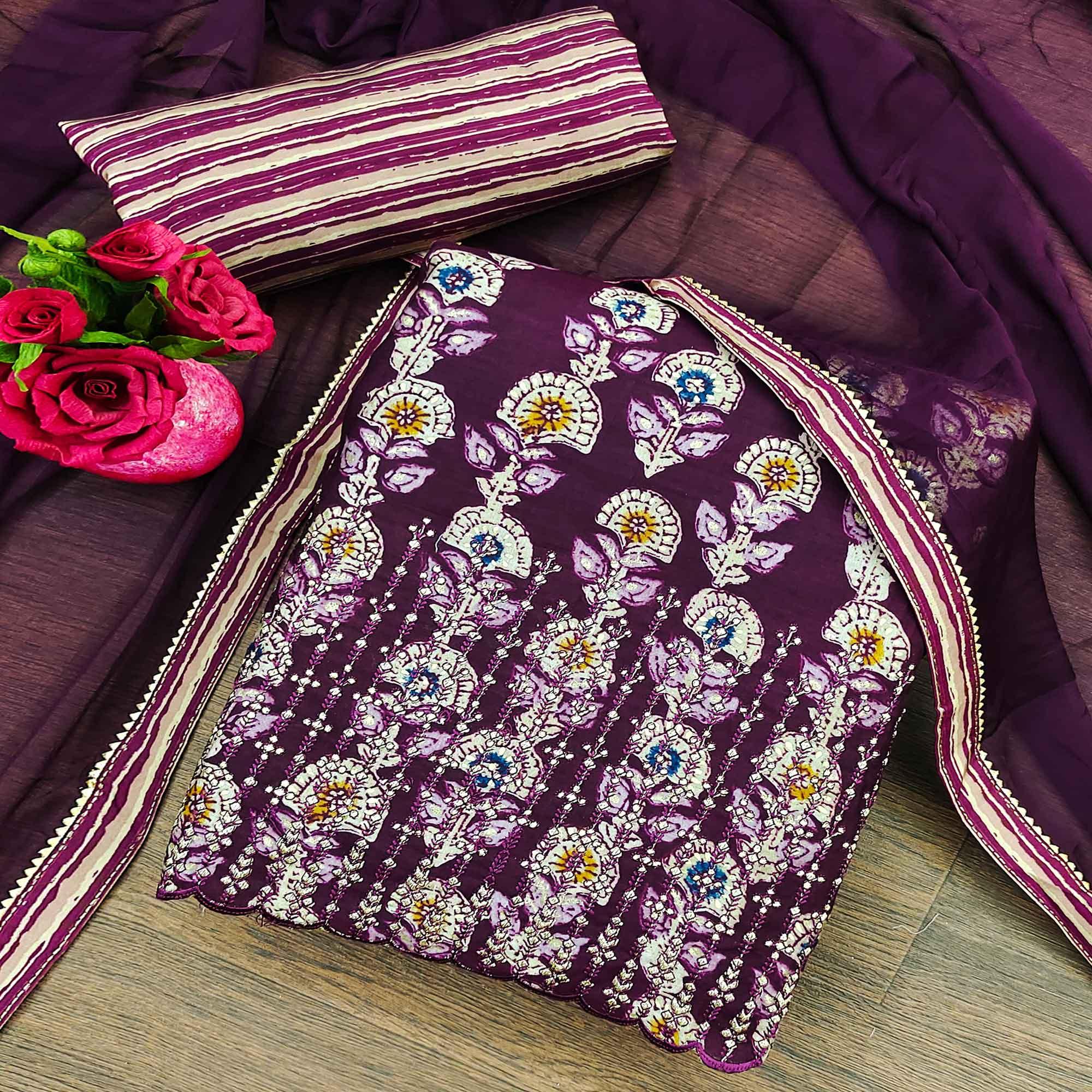 Wine Floral Printed Pure Cotton Dress Material - Peachmode