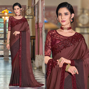 Wine Floral Sequence Embroidered Art Silk Saree - Peachmode