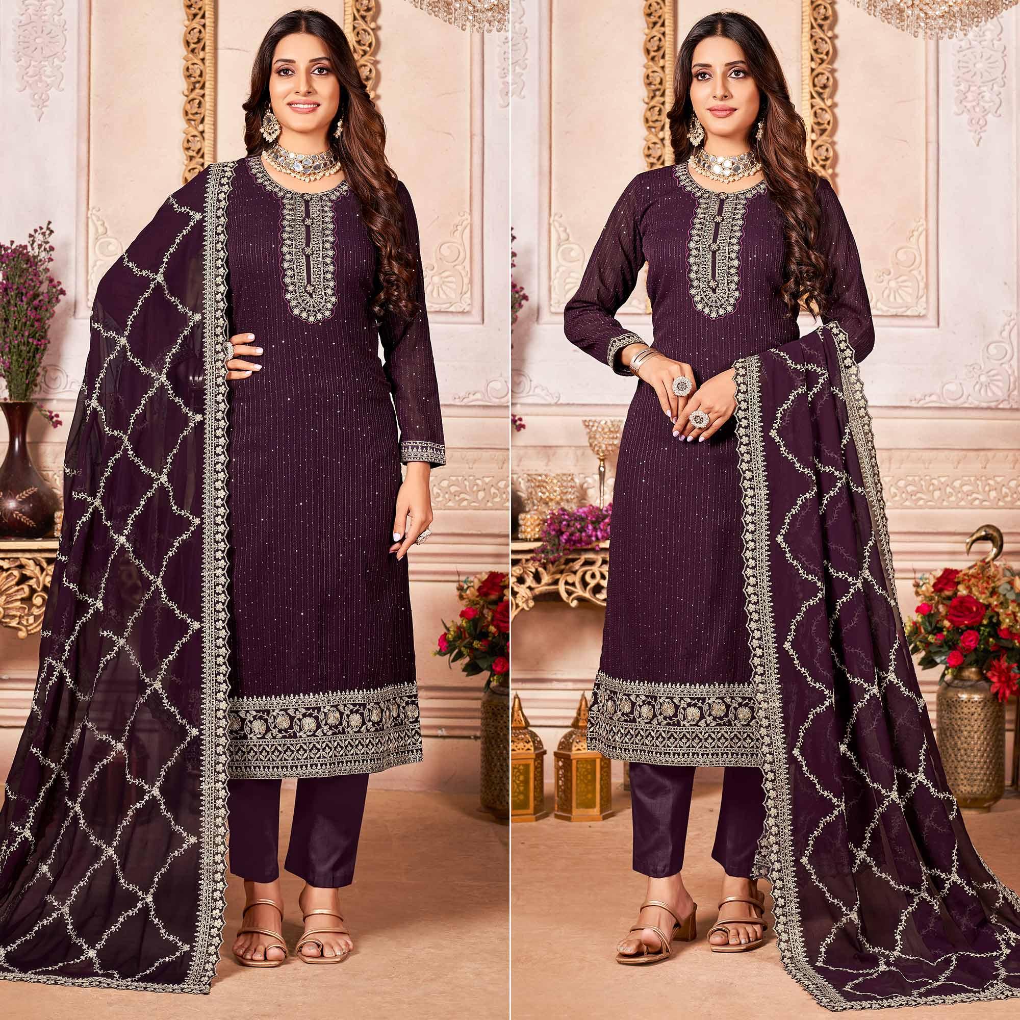 Wine Floral Sequence Embroidered Georgette Salwar Suit - Peachmode
