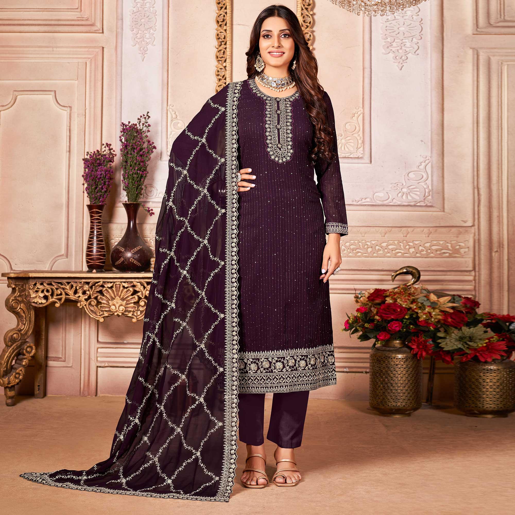 Wine Floral Sequence Embroidered Georgette Salwar Suit - Peachmode