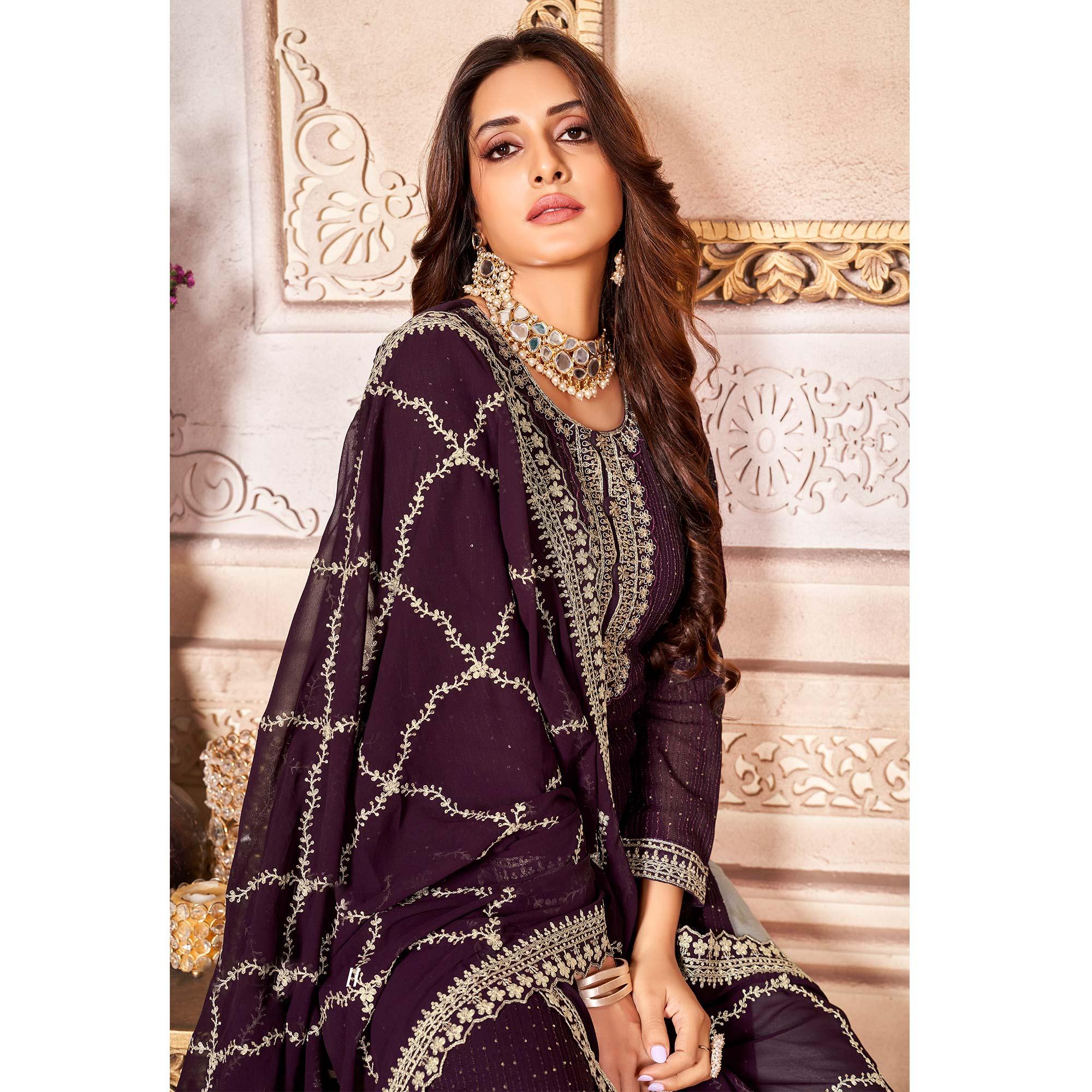 Wine Floral Sequence Embroidered Georgette Salwar Suit - Peachmode