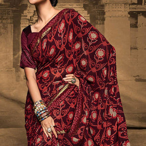 Wine Foil Printed Georgette Saree - Peachmode