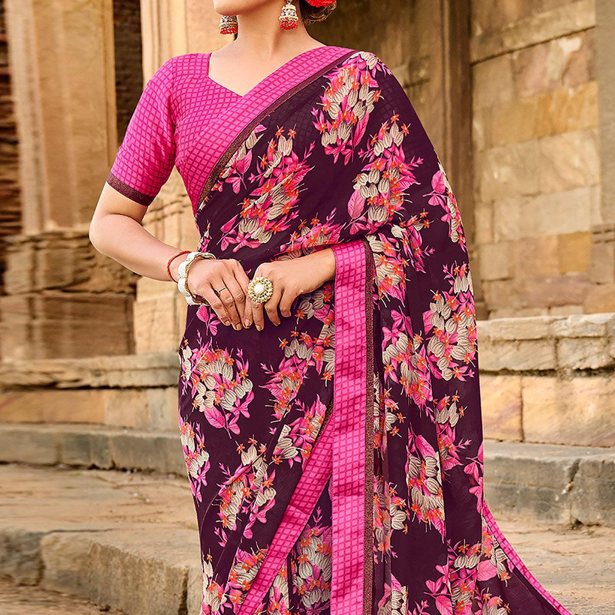 Wine Foil Printed Georgette Saree - Peachmode