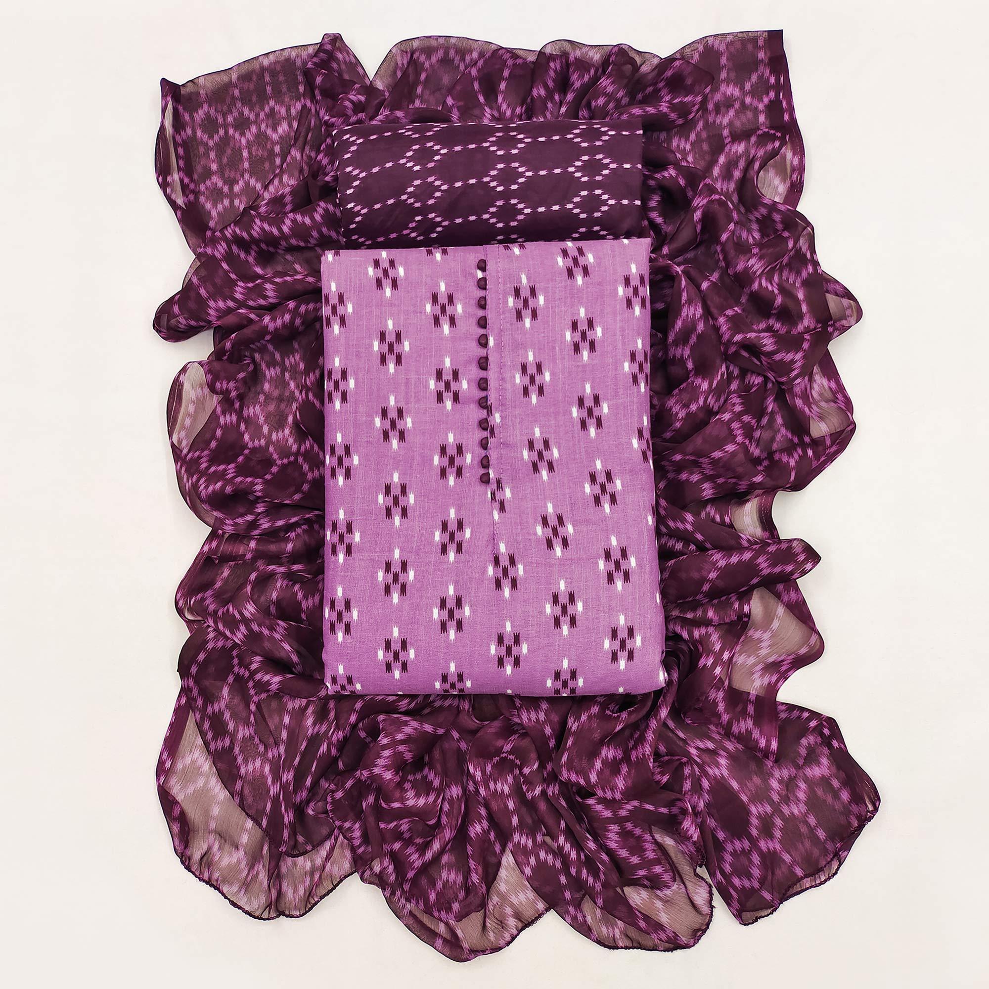 Wine Ikkat Printed Poly Cotton Dress Material - Peachmode