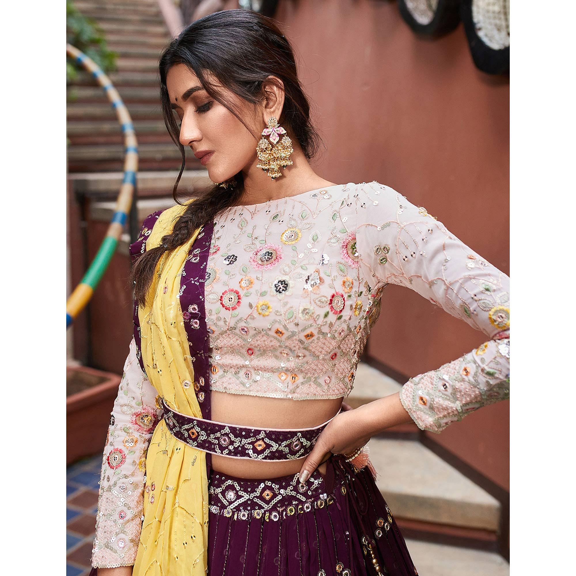 Wine Party Wear Embroidered Georgette Lehenga Choli - Peachmode