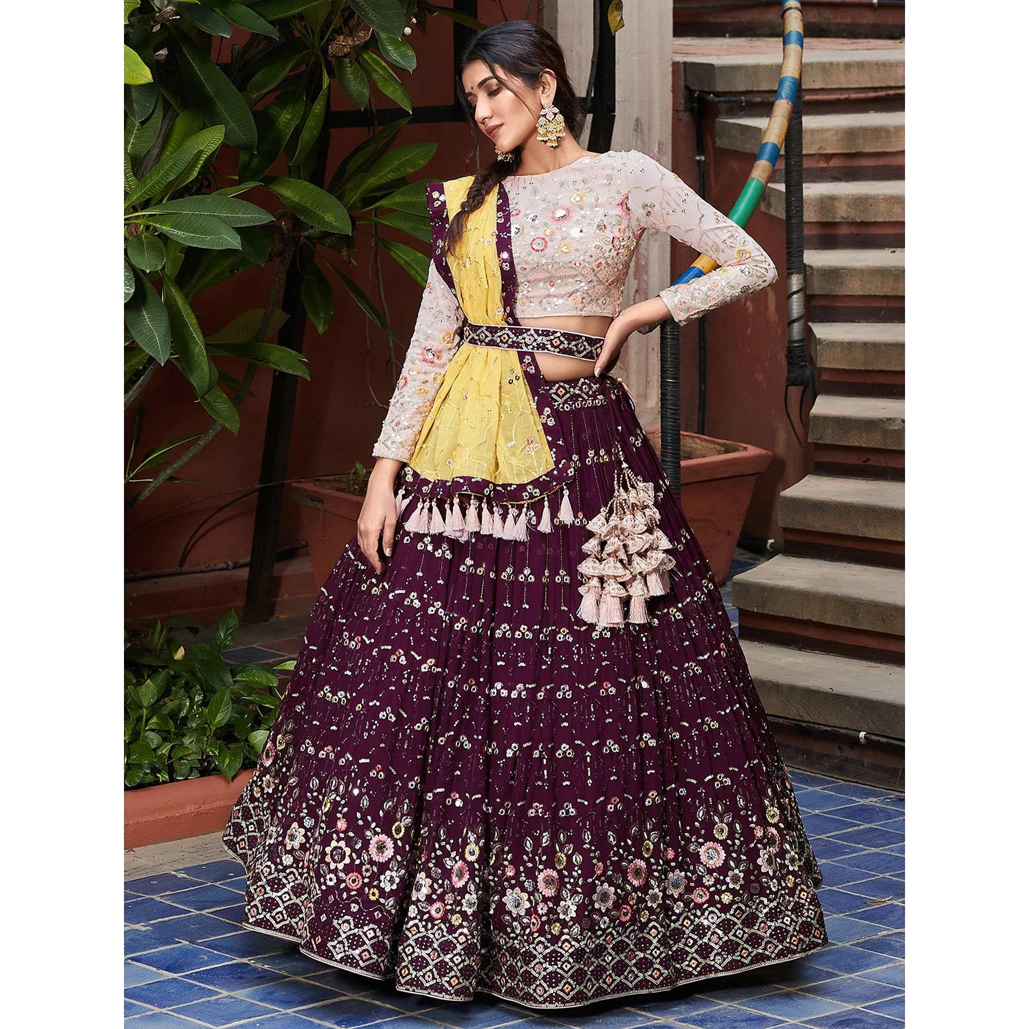 Wine Party Wear Embroidered Georgette Lehenga Choli - Peachmode