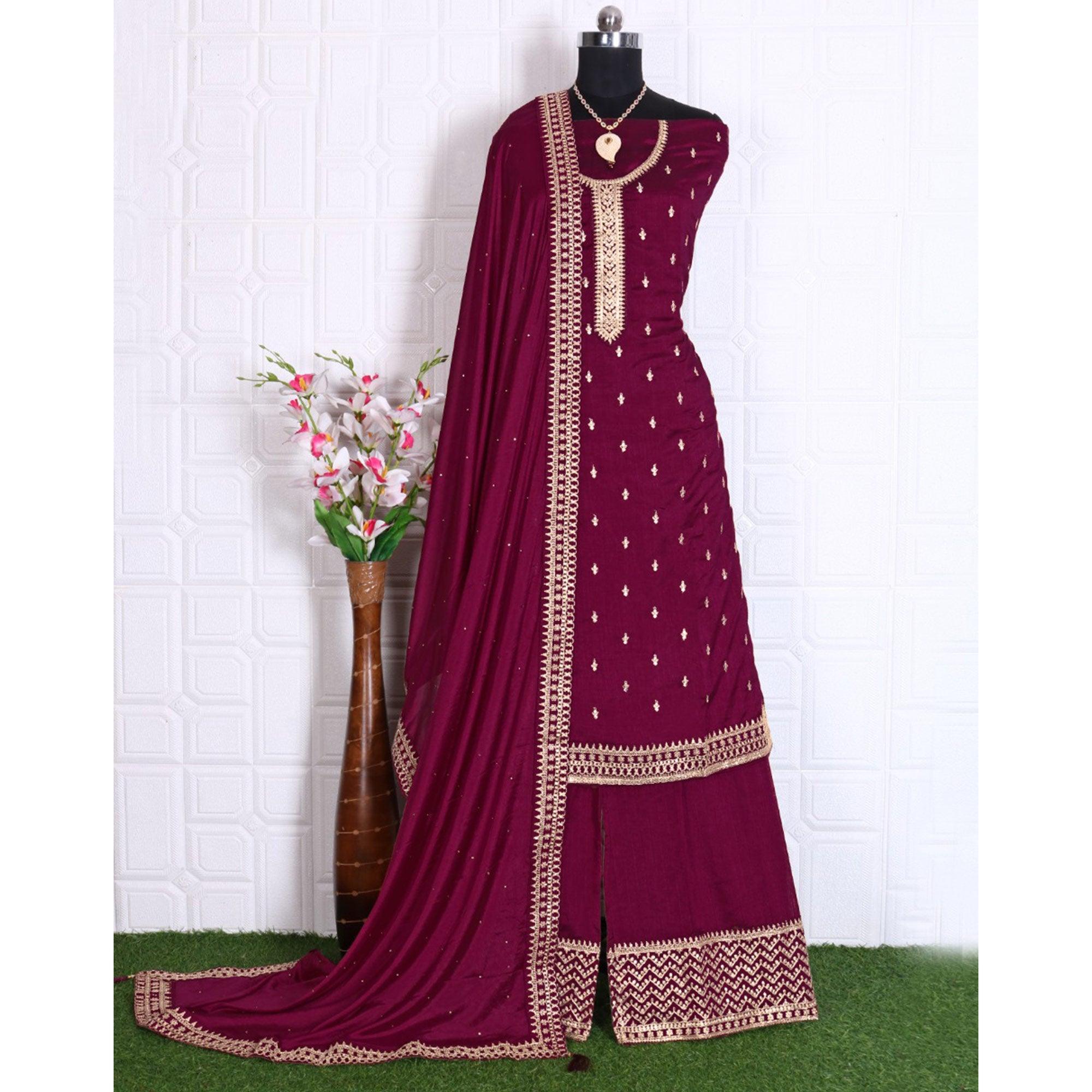 Wine Party Wear Embroidered Silk Georgette Palazzo Suit - Peachmode