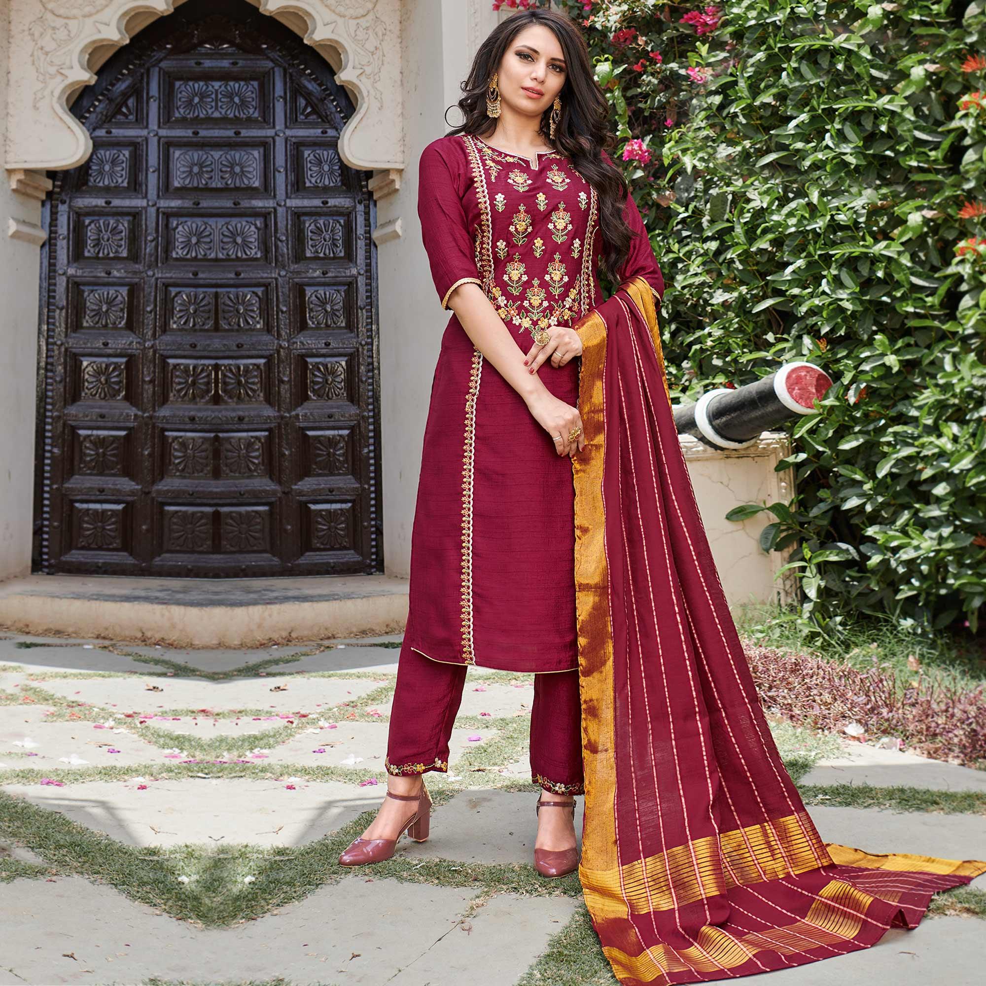 Wine Party wear Embroidered Silk Suit - Peachmode