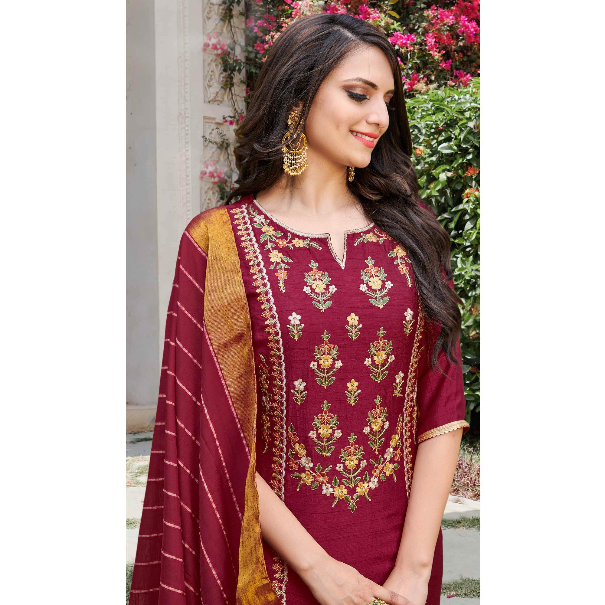 Wine Party wear Embroidered Silk Suit - Peachmode
