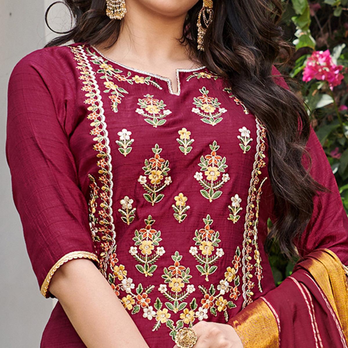 Wine Party wear Embroidered Silk Suit - Peachmode