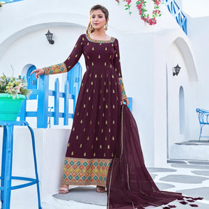 Wine Partywear Designer Embroidery Georgette Suit - Peachmode