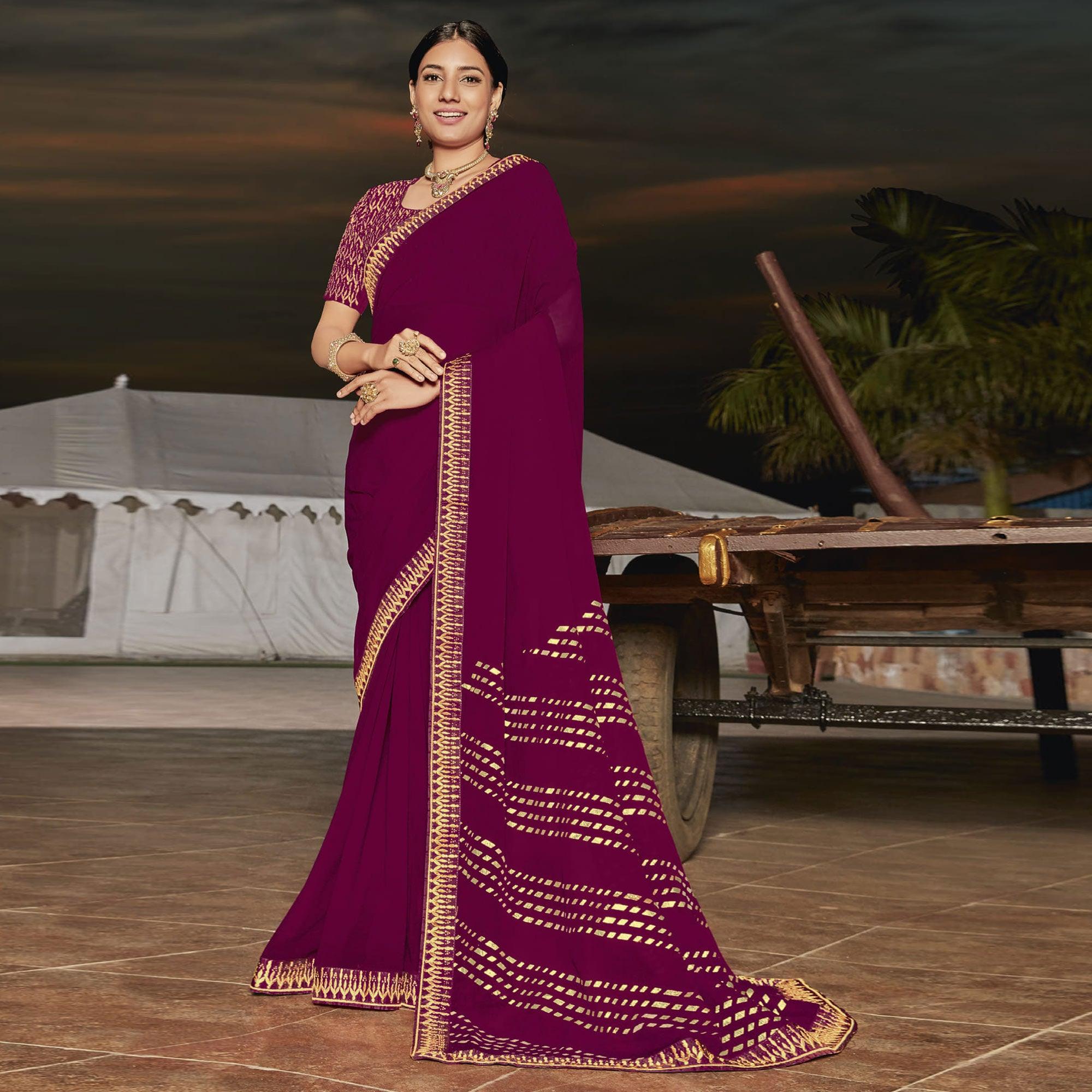 Wine Partywear Embellished Georgette Saree - Peachmode