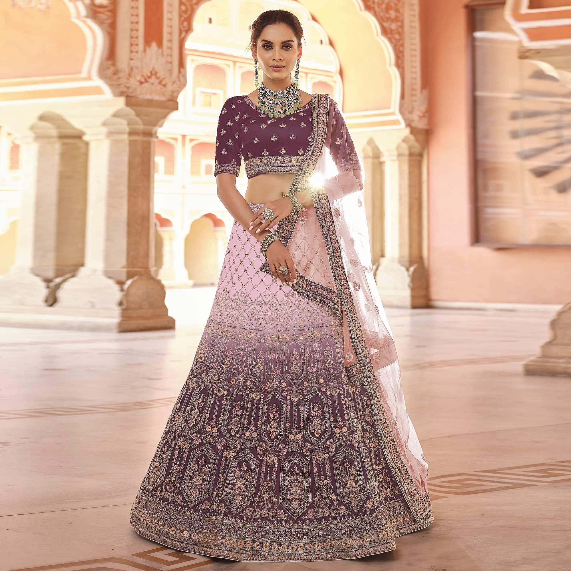Wine Partywear Embellished Velvet Lehenga Choli - Peachmode