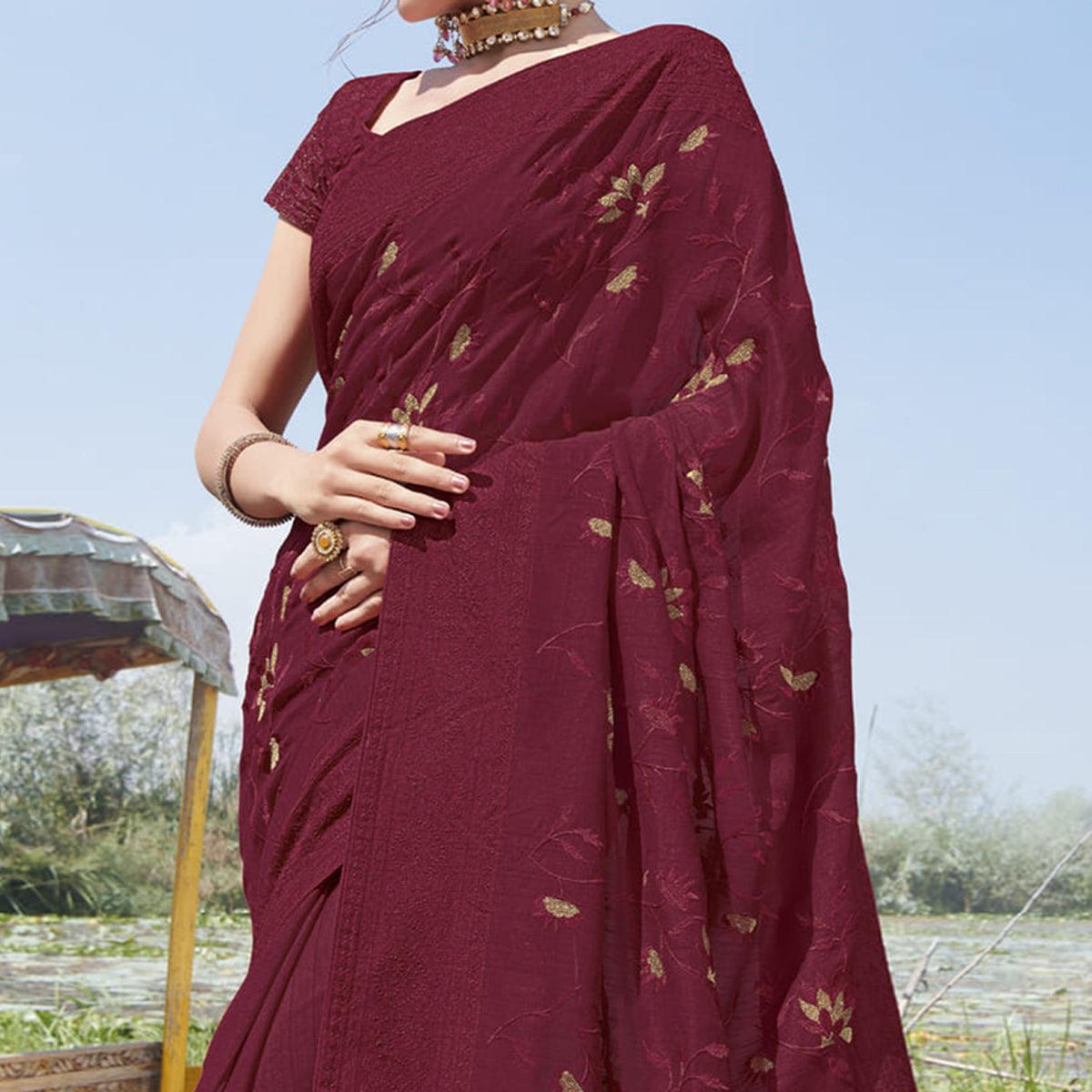 Wine Partywear Embroidered Bluecherry Silk Saree - Peachmode