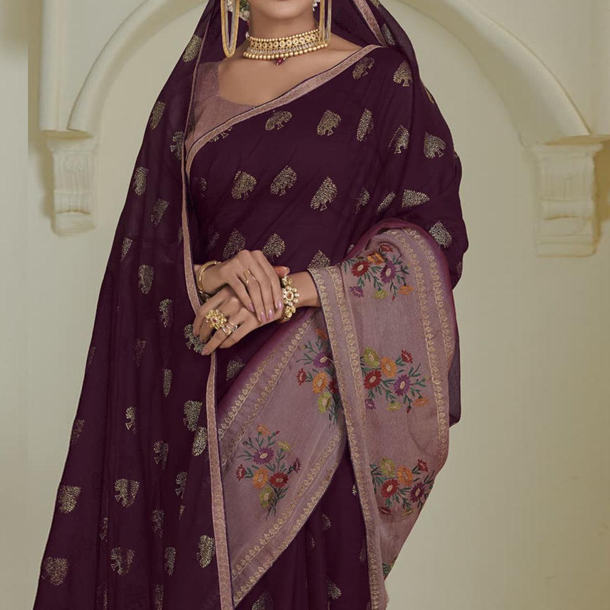 Wine Partywear Embroidered Chiffon Saree - Peachmode