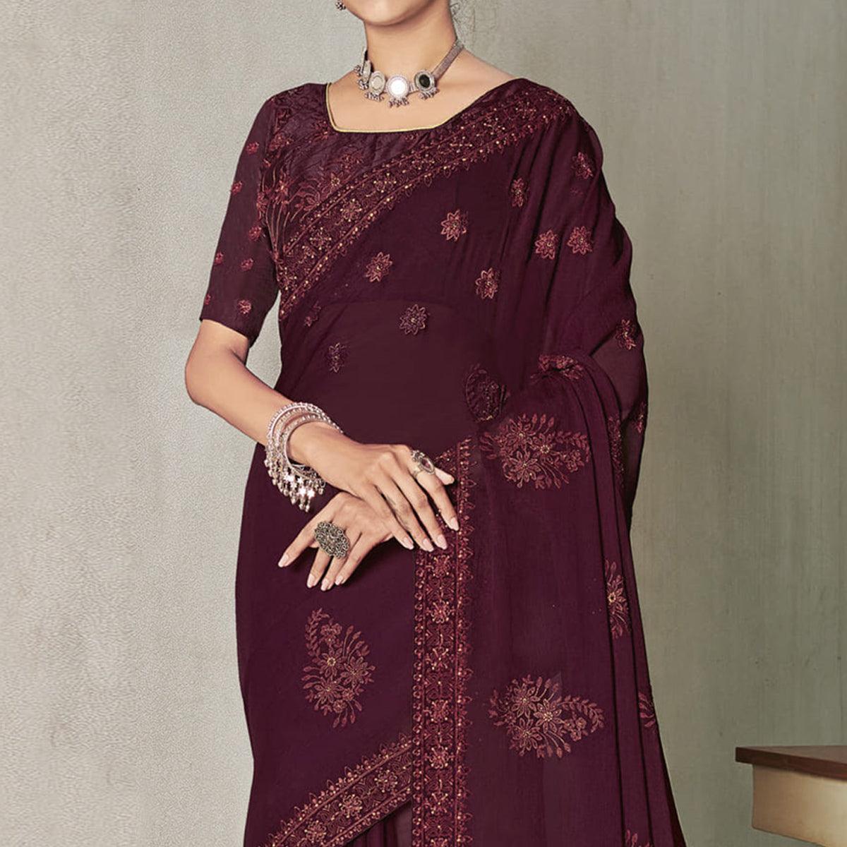 Wine Partywear Embroidered Chiffon Saree - Peachmode