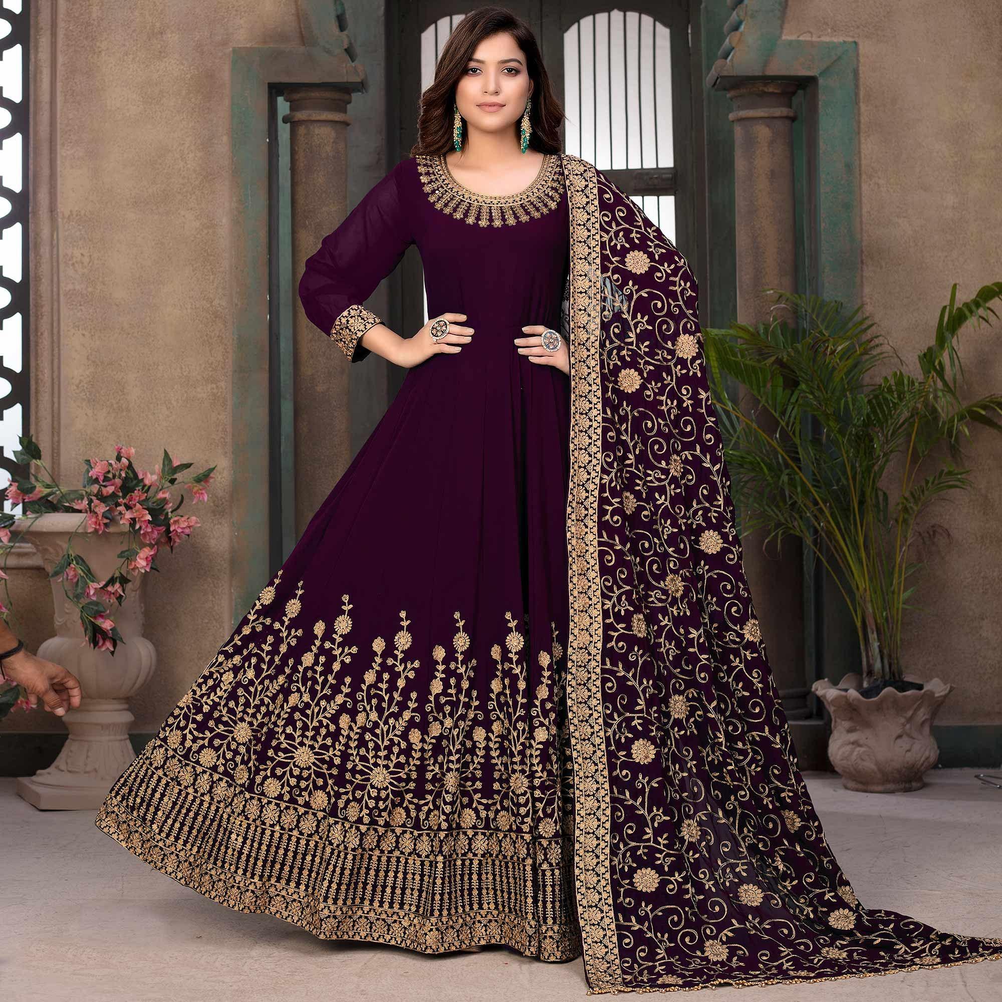 Wine Partywear Embroidered Georgette Anarkali Suit - Peachmode
