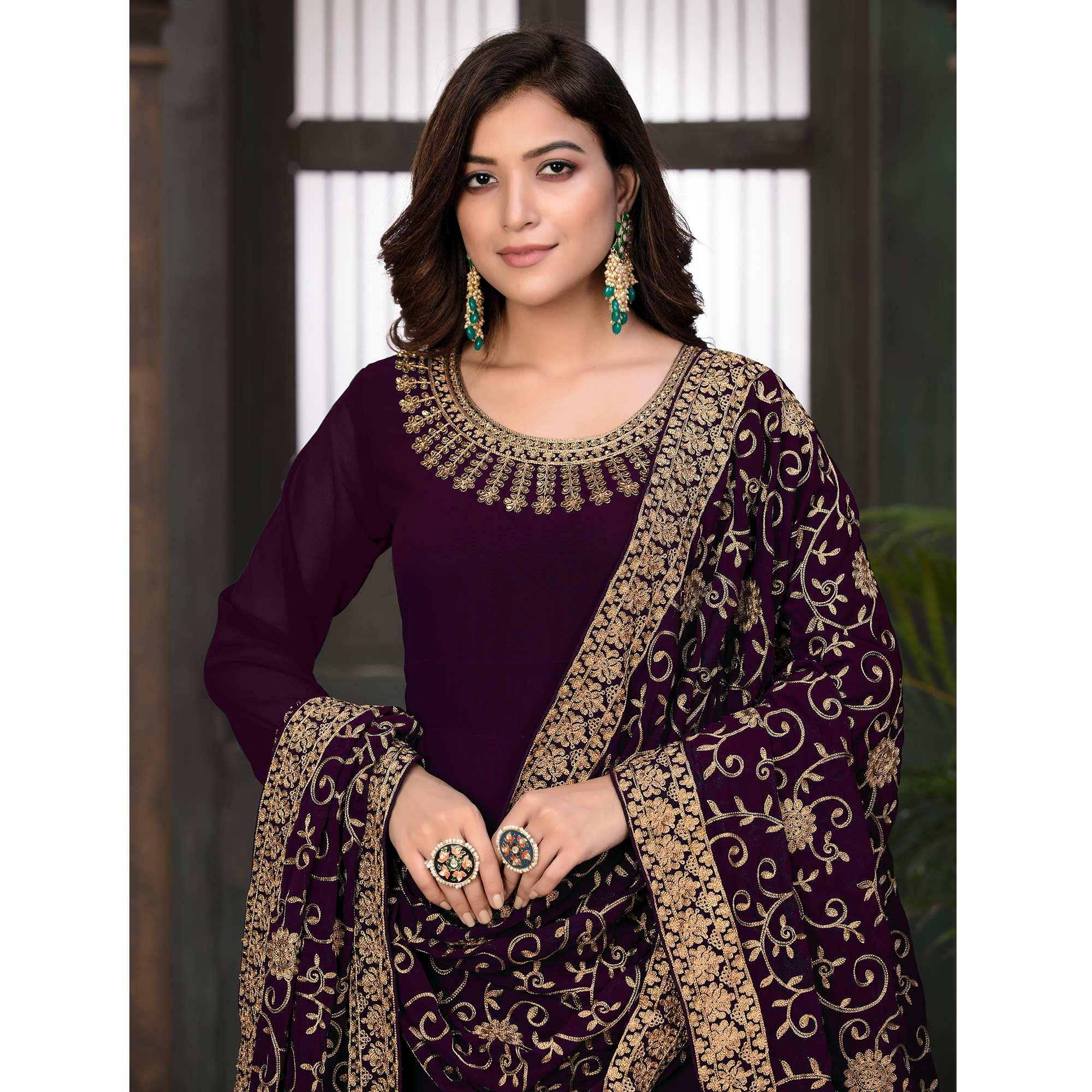 Wine Partywear Embroidered Georgette Anarkali Suit - Peachmode