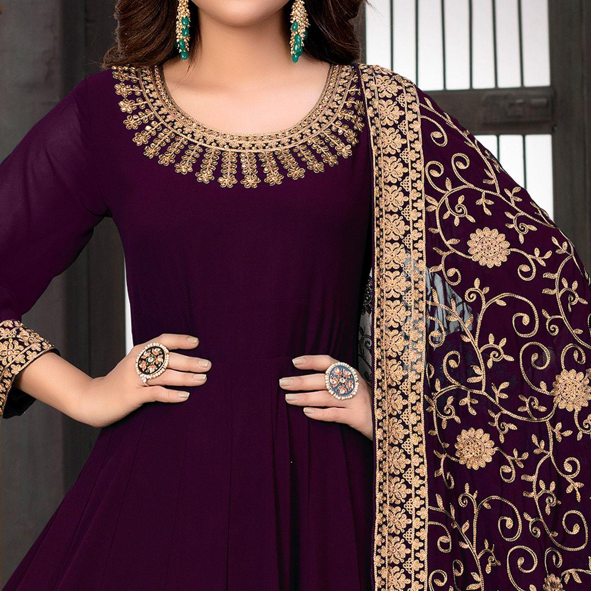 Wine Partywear Embroidered Georgette Anarkali Suit - Peachmode