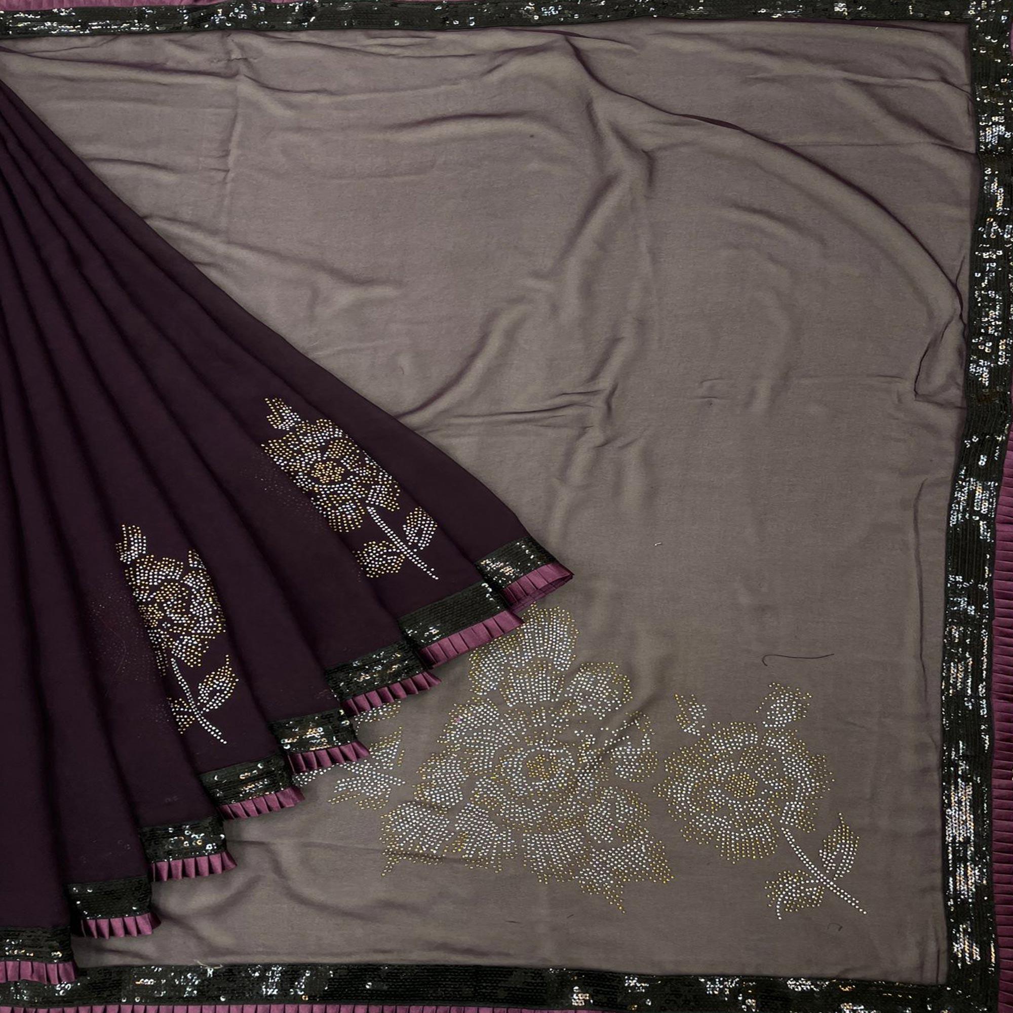 Wine Partywear Embroidered Georgette Saree - Peachmode
