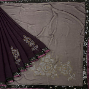 Wine Partywear Embroidered Georgette Saree - Peachmode
