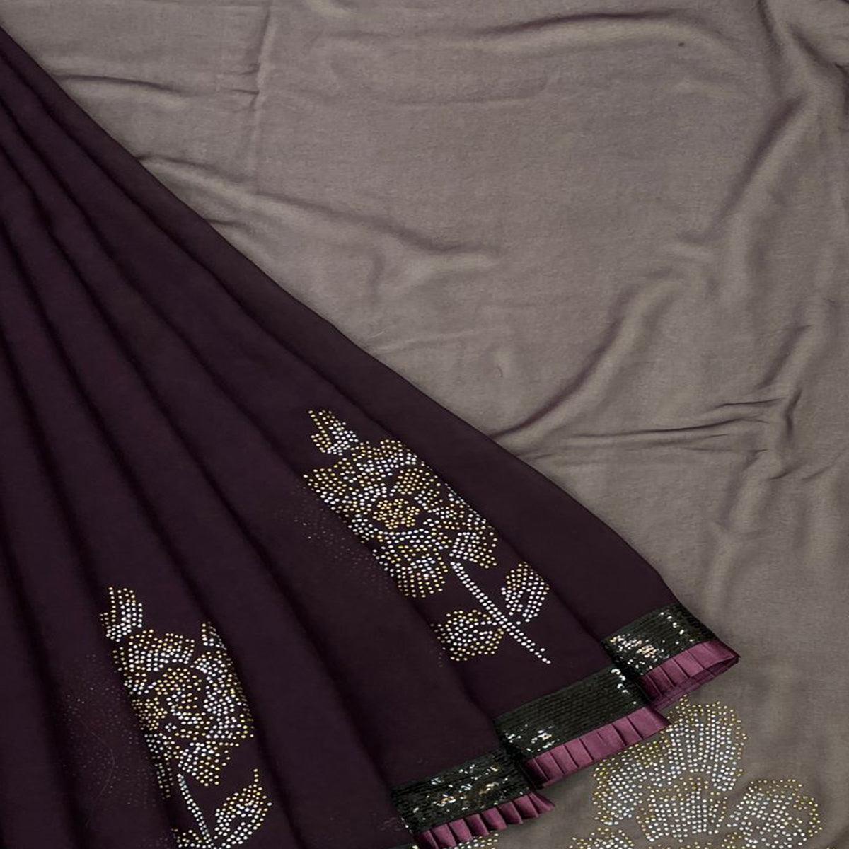 Wine Partywear Embroidered Georgette Saree - Peachmode