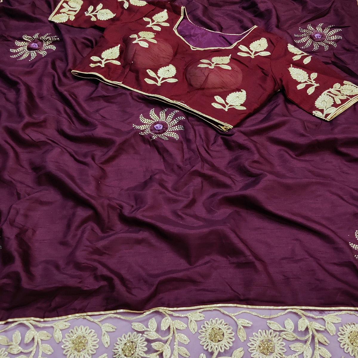 Wine Partywear Embroidered Heavy Dola Silk Saree - Peachmode