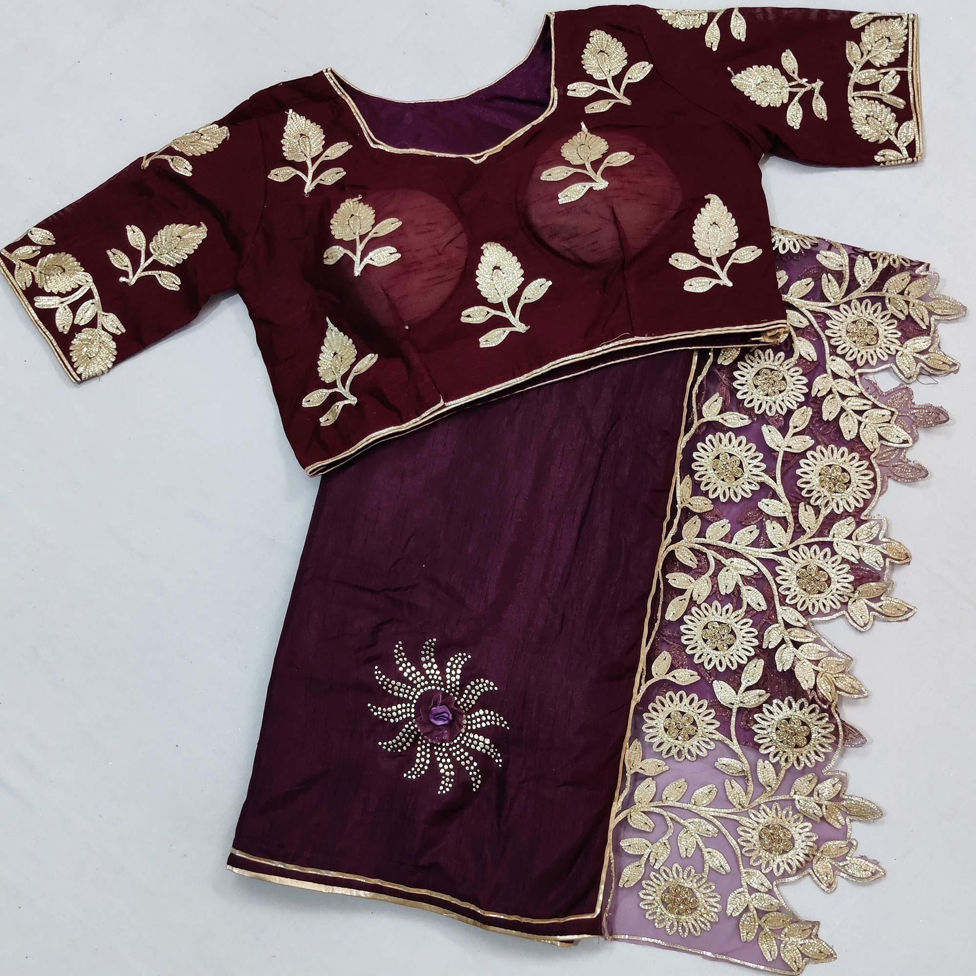 Wine Partywear Embroidered Heavy Dola Silk Saree - Peachmode