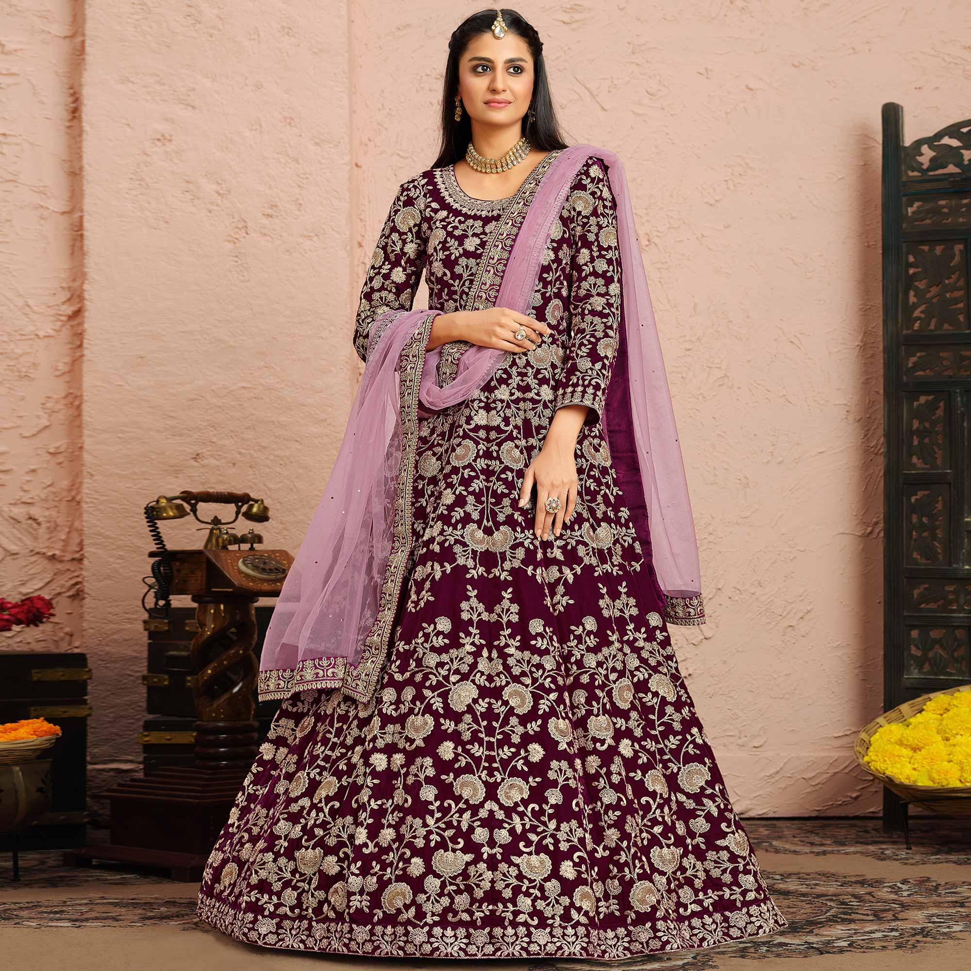 Wine Partywear Embroidered Velvet Anarkali Suit - Peachmode